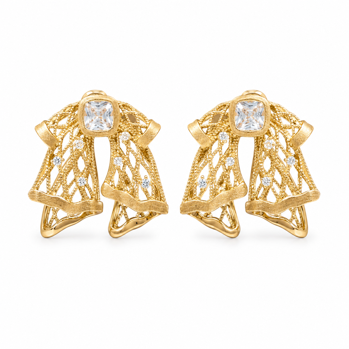 Silken Letter Sculptural Earrings – gold-toned S925 sterling silver, white background product view