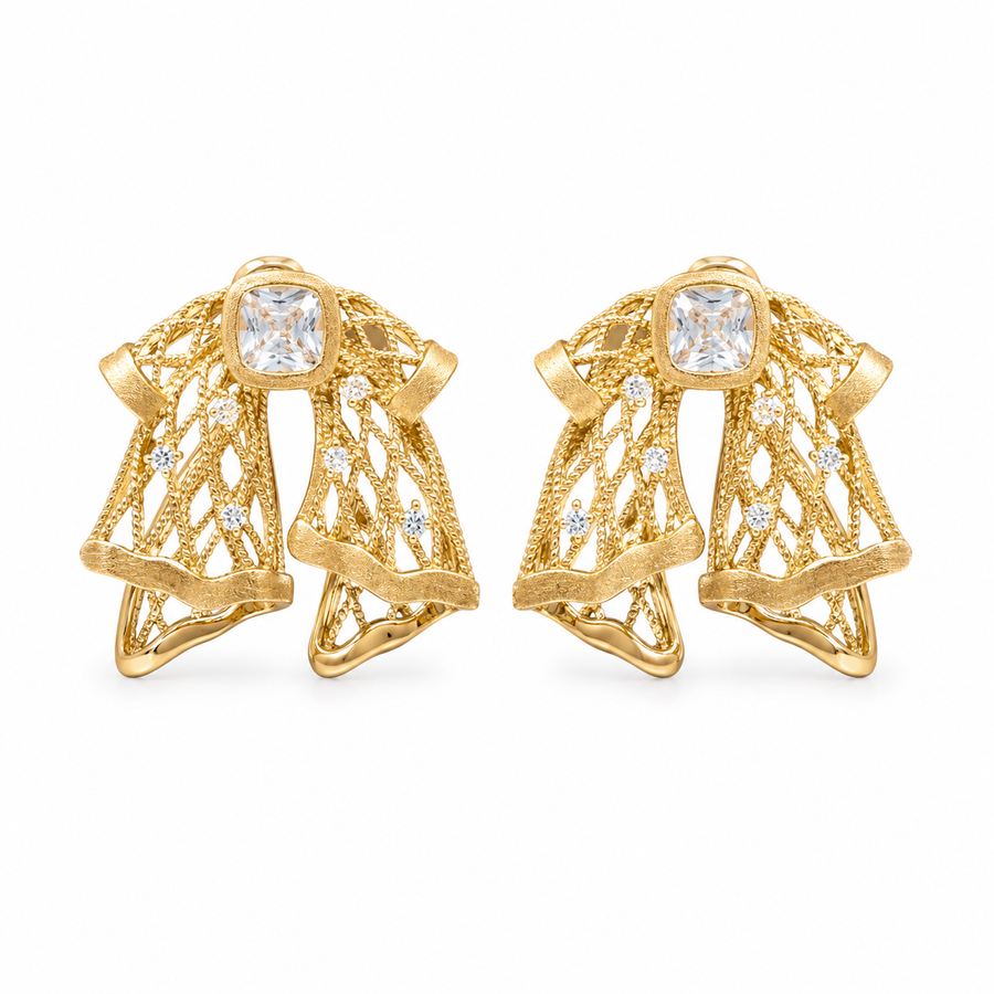 Silken Letter Sculptural Earrings – gold-toned S925 sterling silver, white background product view