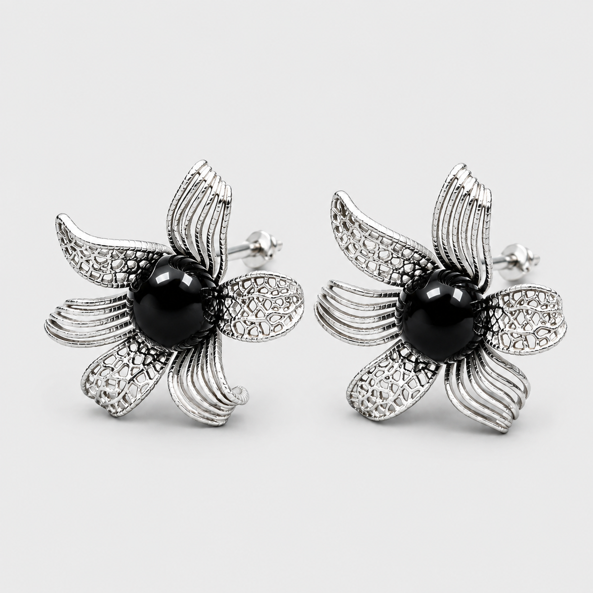 Noir Bloom Floral Earrings – S925 sterling silver, white background product view