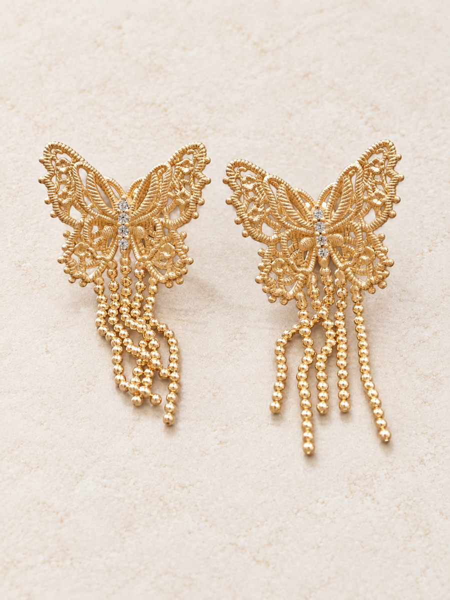 Butterfly Lace Tassel Earrings – 925 sterling silver with 18K gold plating, butterfly lace design (view 1 of 1)