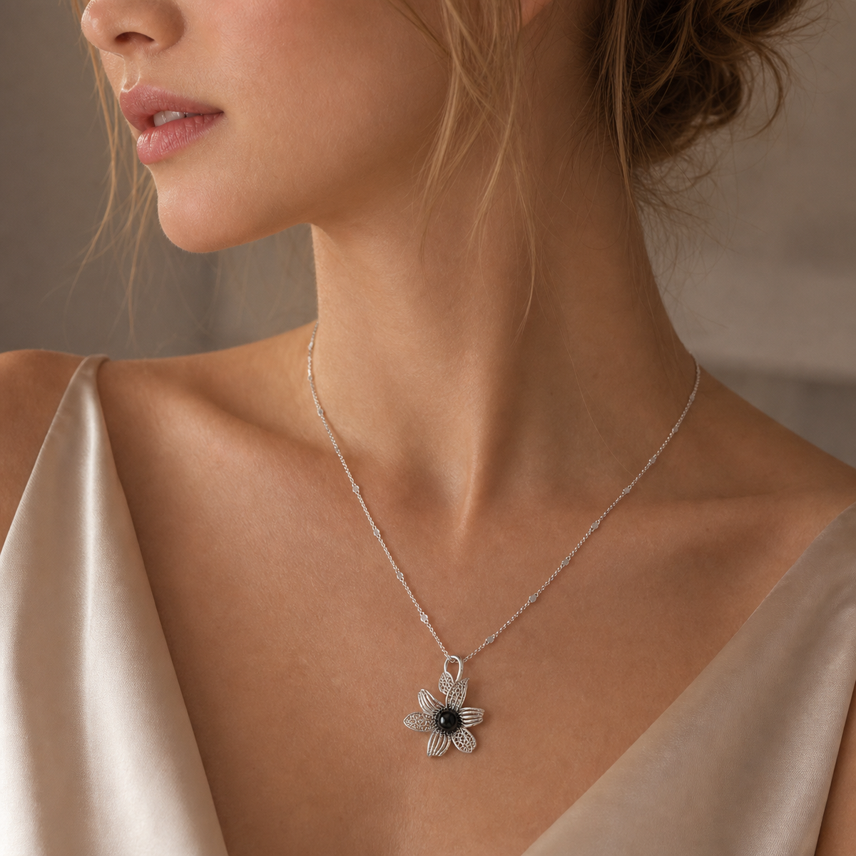 Noir Bloom Floral Necklace – S925 sterling silver, worn by a model