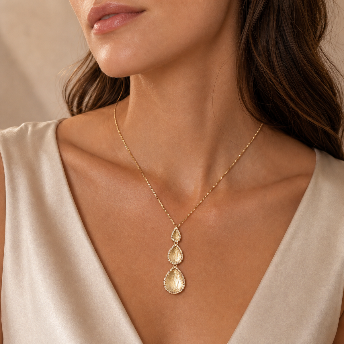 Gilded Moment Triple-Drop Necklace – S925 sterling silver, worn by a model