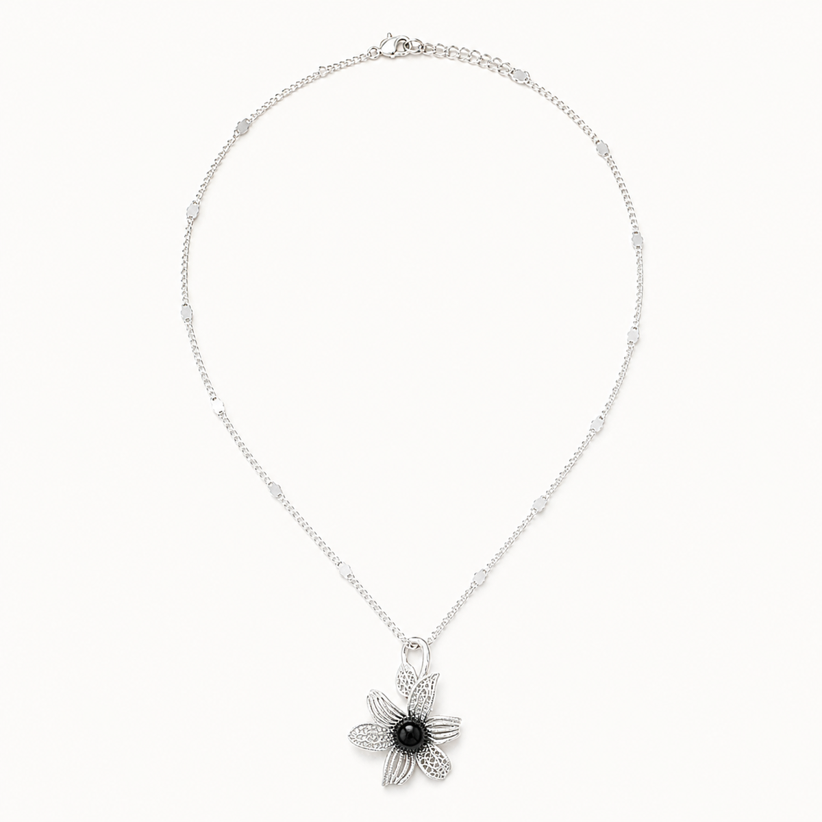 Noir Bloom Floral Necklace – S925 sterling silver, white background product view