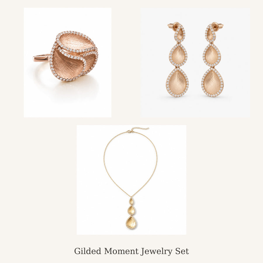 Gilded Moment Jewelry Set – Ring, Earrings & Necklace worn