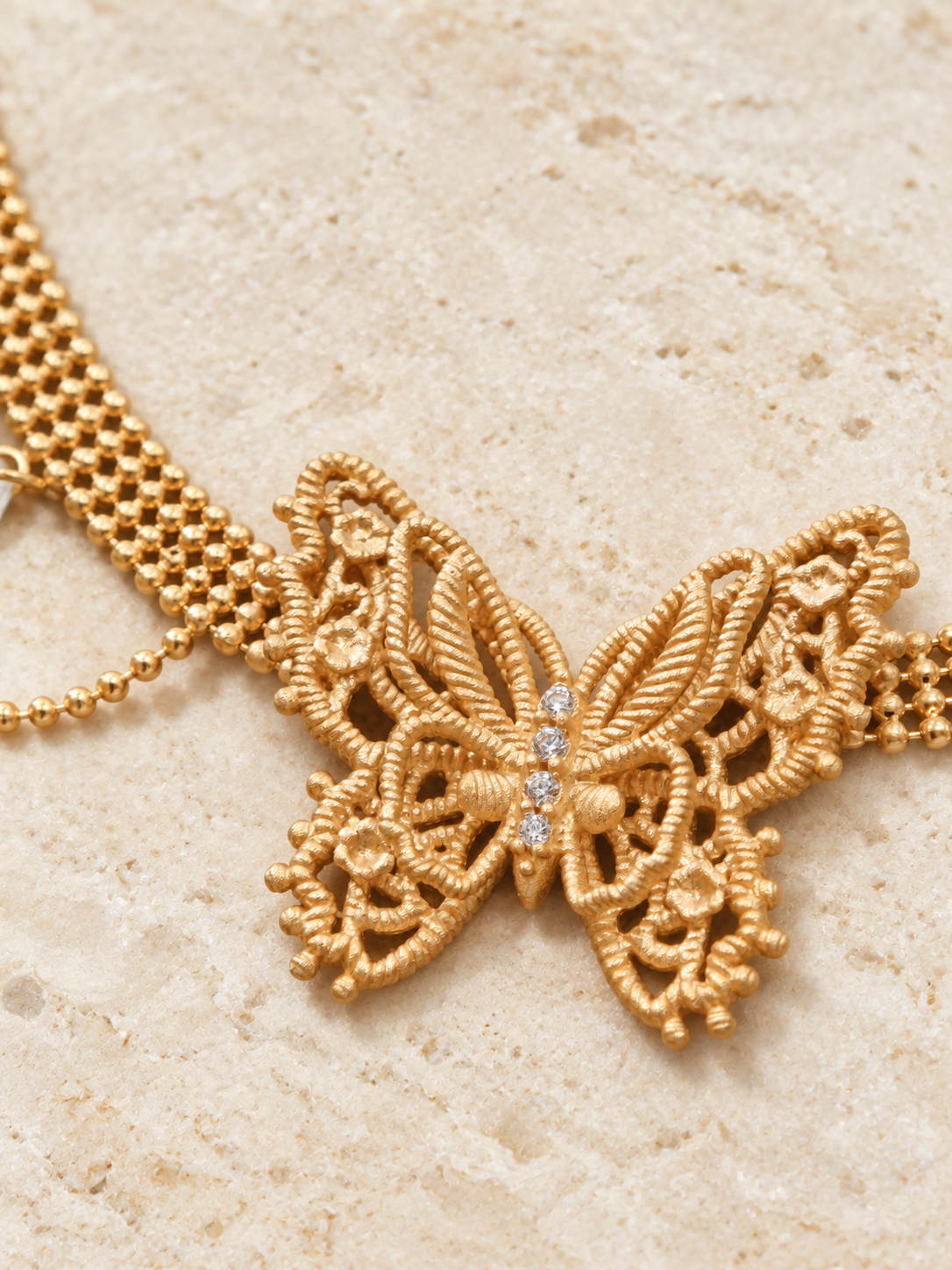 Butterfly Lace Draped Necklace – 925 sterling silver with 18K gold plating, butterfly lace design (view 2 of 2)