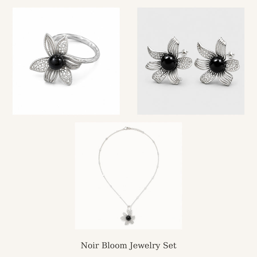 Noir Bloom Jewelry Set – Ring, Earrings & Necklace worn