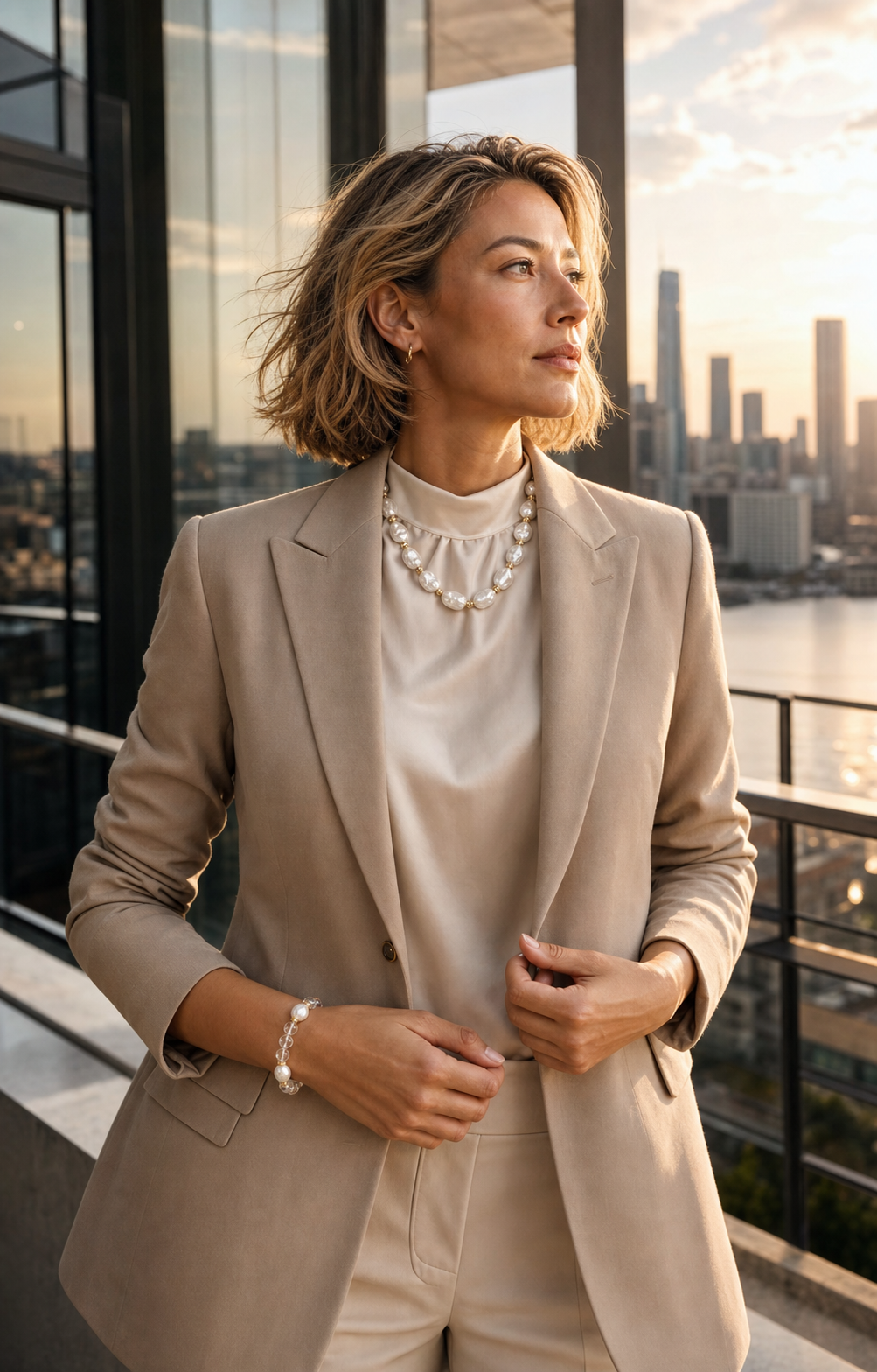 Blue Gray Baroque Pearl Necklace worn in a modern city setting