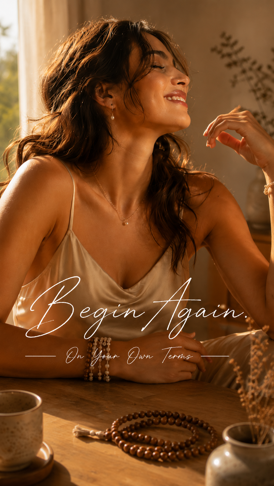 Woman in warm window light wearing pearl jewelry with the words Begin Again, On Your Own Terms